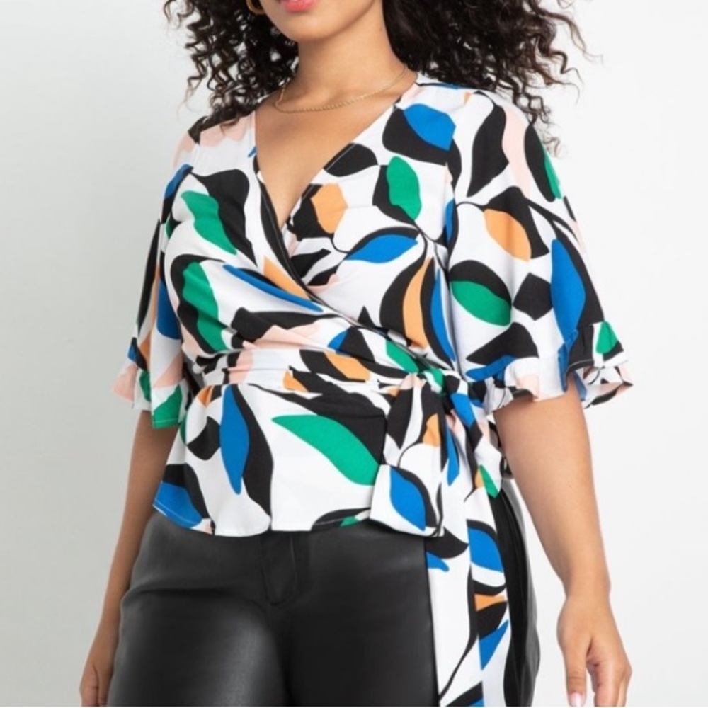 Eloquii Blue Green White Abstract Leaf Print Short Sleeve True Wrap Top Shirt